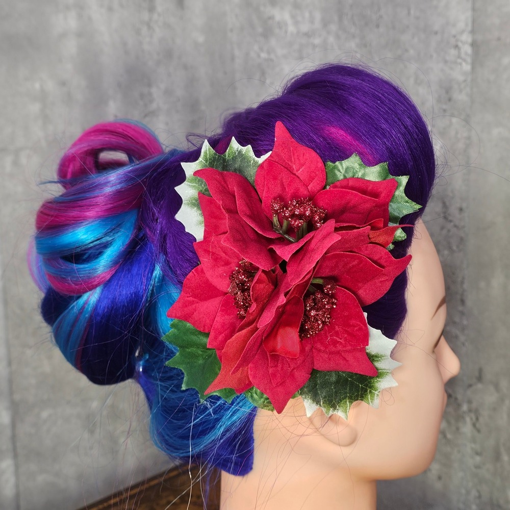 Handmade Red Poinsettia Hair Flower Clip Christmas Holiday Pinup Rockabilly Tiki